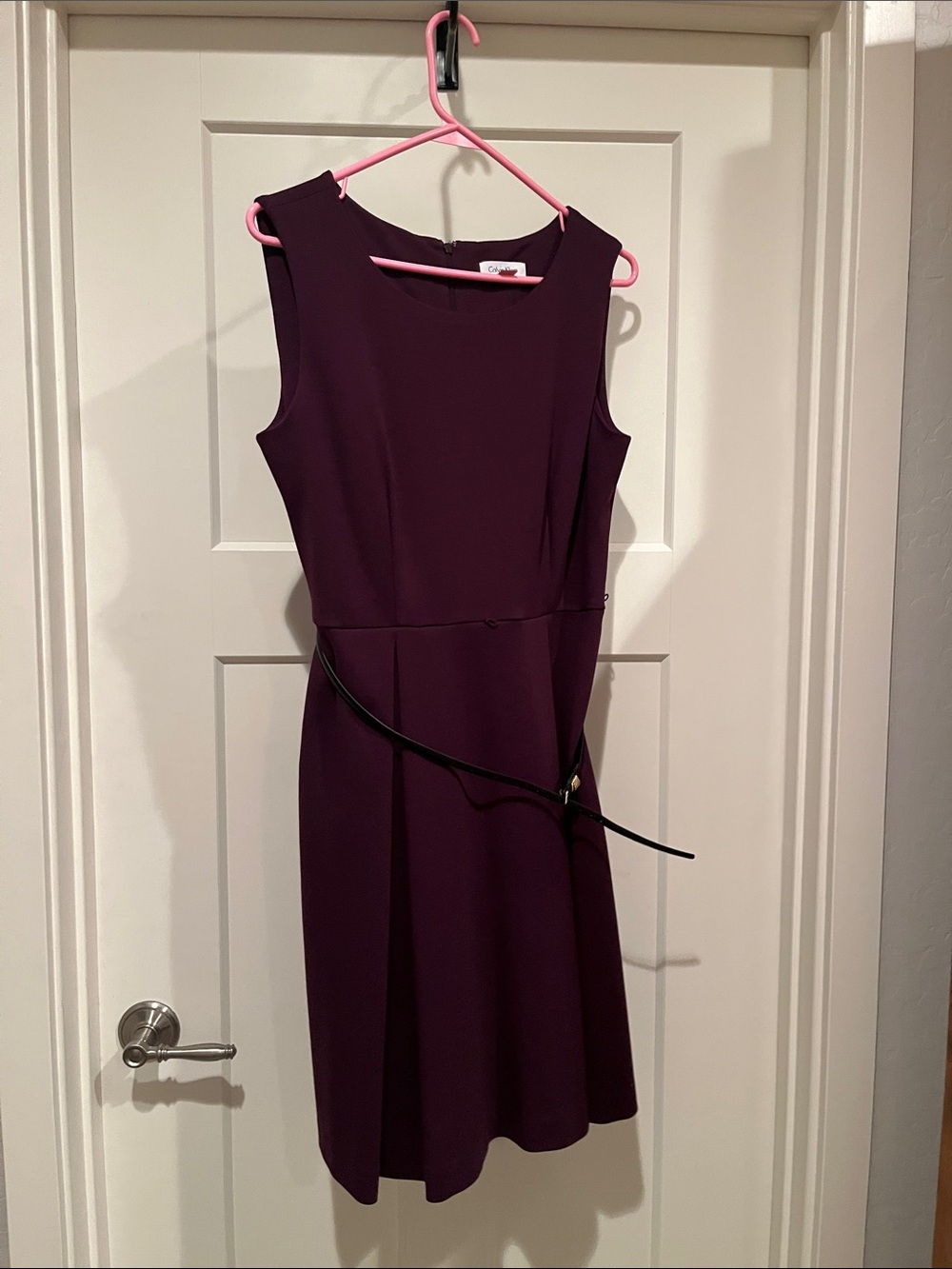 Calvin Klein Sleeveless Plum Sheath Dress with Thin Belt